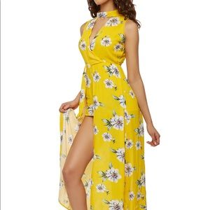 Yellow tropical print maxi-romper
